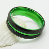 Beveled Tungsten Wedding Band Ring with Green Anodized Aluminum