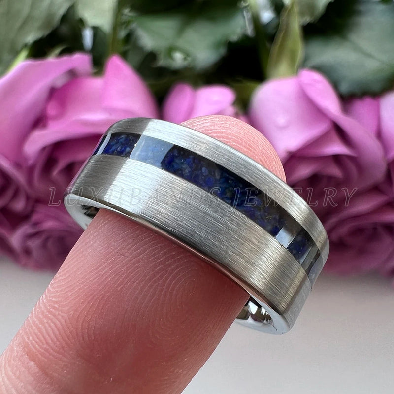 Tungsten Carbide Wedding Ring with Crushed Lapis Inlay 8mm
