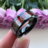 Tungsten Carbide Wedding Ring Beveled Edges 8mm 6mm Green Red Opal Gear Inlay