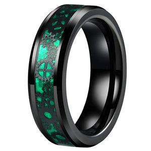 Tungsten Carbide Wedding Ring Beveled Edges 8mm 6mm Green Red Opal Gear Inlay