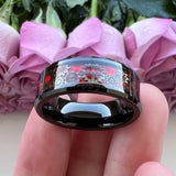 Tungsten Carbide Wedding Ring Beveled Edges 8mm 6mm Green Red Opal Gear Inlay