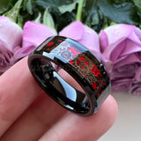 Tungsten Carbide Wedding Ring Beveled Edges 8mm 6mm Green Red Opal Gear Inlay