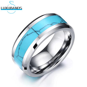 Tungsten Carbide Turquoise Inlay Wedding Ring 8mm Beveled Edges