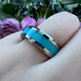 Tungsten Carbide Turquoise Inlay Wedding Ring 8mm Beveled Edges