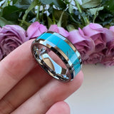 Tungsten Carbide Turquoise Inlay Wedding Ring 8mm Beveled Edges