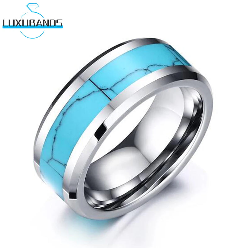 Tungsten Carbide Turquoise Inlay Wedding Ring 8mm Beveled Edges