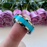 Tungsten Carbide Turquoise Inlay Wedding Ring 8mm Beveled Edges