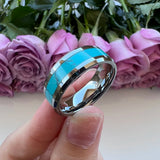 Tungsten Carbide Turquoise Inlay Wedding Ring 8mm Beveled Edges