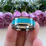 Tungsten Carbide Turquoise Inlay Wedding Ring 8mm Beveled Edges