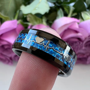 Tungsten Carbide Wedding Ring 8mm Beveled Edges Carbon-Fiber Inlay