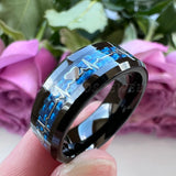 Tungsten Carbide Wedding Ring 8mm Beveled Edges Carbon-Fiber Inlay