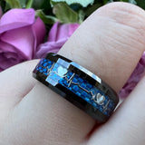 Tungsten Carbide Wedding Ring 8mm Beveled Edges Carbon-Fiber Inlay