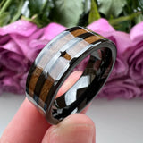 Tungsten Carbide Wedding Ring Whiskey Barrel Wood Inlay Flat Polished Finish