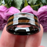 Tungsten Carbide Wedding Ring Whiskey Barrel Wood Inlay Flat Polished Finish
