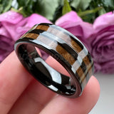 Tungsten Carbide Wedding Ring Whiskey Barrel Wood Inlay Flat Polished Finish