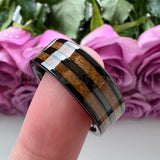 Tungsten Carbide Wedding Ring Whiskey Barrel Wood Inlay Flat Polished Finish