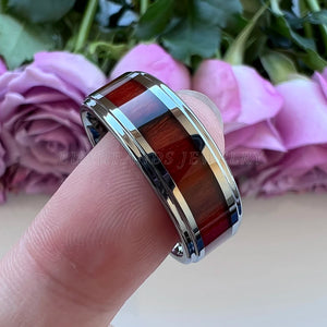 Tungsten Carbide Wedding Ring Red Wood Inlay Engagement Band
