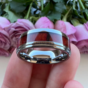 Tungsten Carbide Wedding Ring Red Wood Inlay Engagement Band