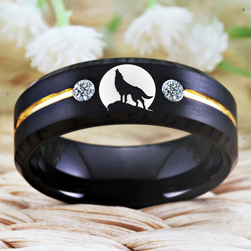 Tungsten Carbide Wolf Moon Ring Men's Wedding Band