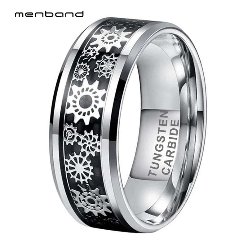 Tungsten Ring with Mechanical Gear Wheel Carbon Fiber Inlay 8MM