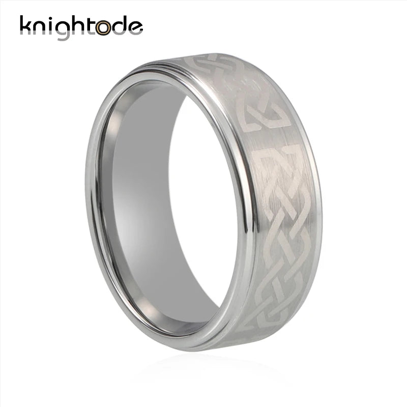Tungsten Rings Engraved Laser Silver Brushed Finish Center Fingernail Rings