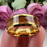 Tungsten Wedding Ring 6mm 8mm Beveled Edges Wood Inlay Polished Finish