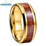 Tungsten Wedding Ring 6mm 8mm Beveled Edges Wood Inlay Polished Finish
