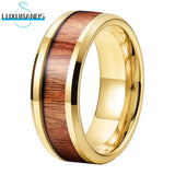 Tungsten Wedding Ring 6mm 8mm Beveled Edges Wood Inlay Polished Finish