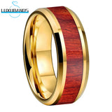 Tungsten Wedding Ring 6mm 8mm Beveled Edges Wood Inlay Polished Finish