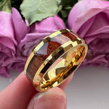 Tungsten Wedding Ring 6mm 8mm Beveled Edges Wood Inlay Polished Finish