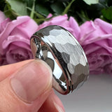 Tungsten Wedding Gold Ring 8mm 6mm Stepped Edges Hammered Band