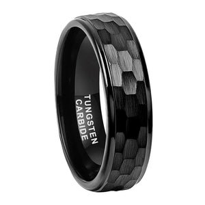Tungsten Wedding Gold Ring 8mm 6mm Stepped Edges Hammered Band