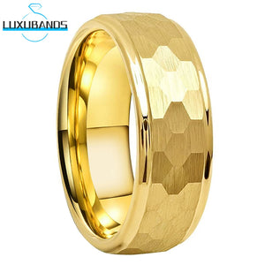 Tungsten Wedding Gold Ring 8mm 6mm Stepped Edges Hammered Band