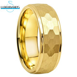 Tungsten Wedding Gold Ring 8mm 6mm Stepped Edges Hammered Band