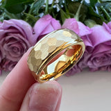 Tungsten Wedding Gold Ring 8mm 6mm Stepped Edges Hammered Band