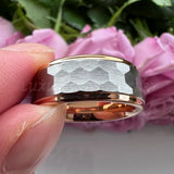Tungsten Wedding Gold Ring 8mm 6mm Stepped Edges Hammered Band
