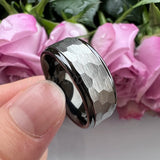 Tungsten Wedding Gold Ring 8mm 6mm Stepped Edges Hammered Band