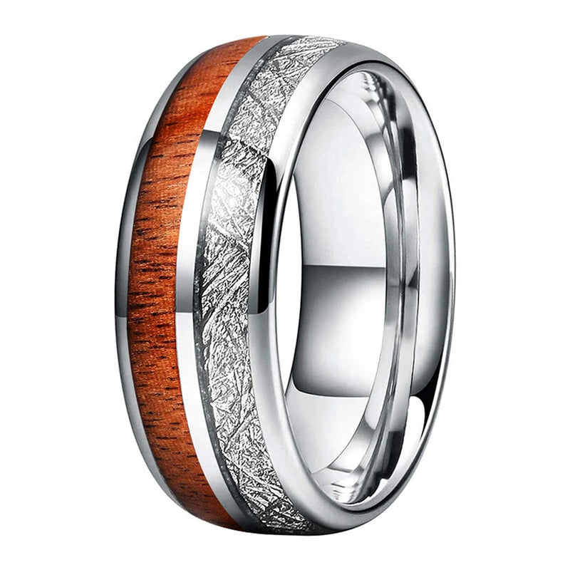 Tungsten Wedding Ring 8mm Meteorite Wood Inlay Polished Finish