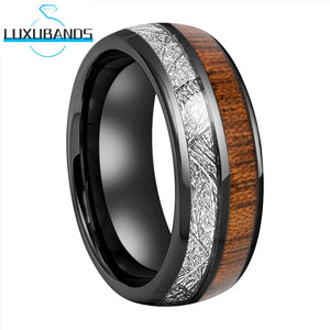 Tungsten Wedding Ring 8mm Meteorite Wood Inlay Polished Finish