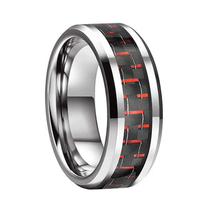 Tungsten Wedding Rings Beveled Edges 8mm Red Green Carbon-Fiber Inlay