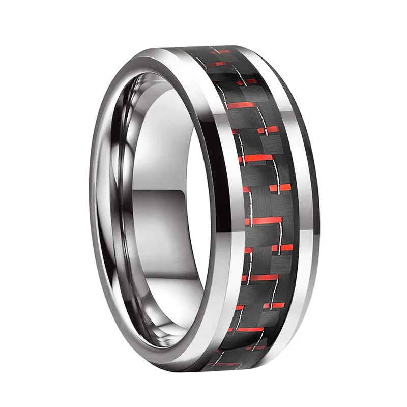Tungsten Wedding Rings Beveled Edges 8mm Red Green Carbon-Fiber Inlay