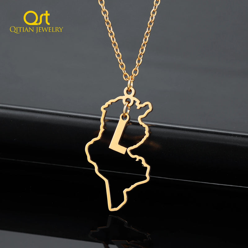 Tunisia Map Necklace with Initial Letter Pendant