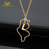 Tunisia Map Necklace with Initial Letter Pendant