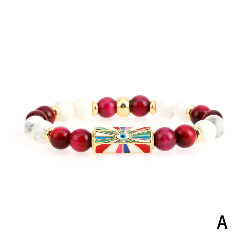 Evil Eye Enamel Bracelet with Semi-precious Stone Beads
