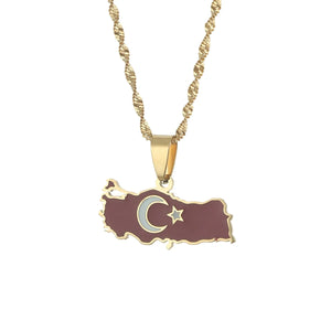 Turkey Map Flag Silver Pendant Necklace for Women Men Turks Jewelry