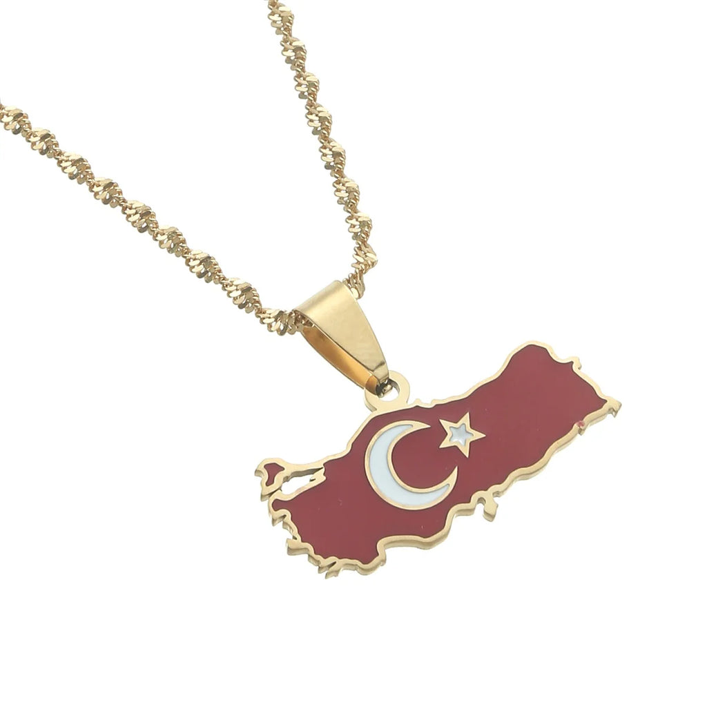 Turkey Map Flag Silver Pendant Necklace for Women Men Turks Jewelry