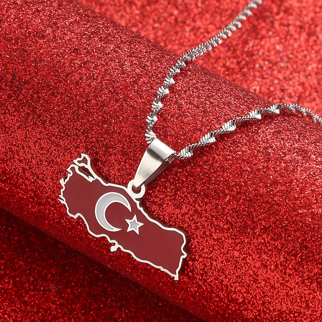 Turkey Map Flag Silver Pendant Necklace for Women Men Turks Jewelry