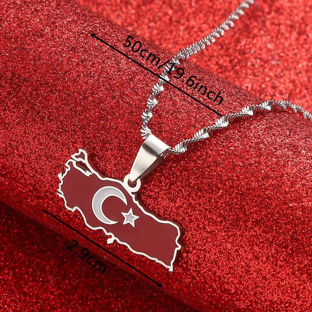 Turkey Map Flag Silver Pendant Necklace for Women Men Turks Jewelry