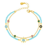 Evil Eye Bracelet 925 Silver Double Layered Beaded Turquoise Boho Jewelry