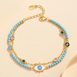 Evil Eye Bracelet 925 Silver Double Layered Beaded Turquoise Boho Jewelry